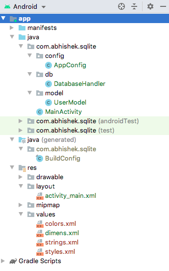 android sqlite database project structure