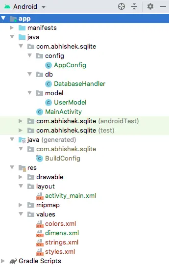android sqlite database project structure